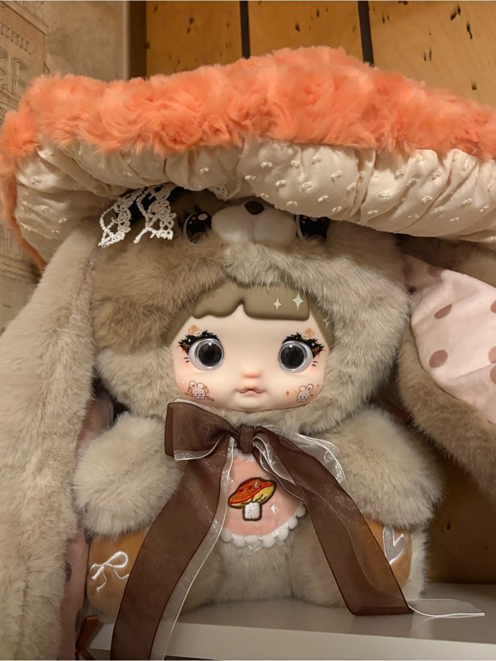 Nommi twinkle 400% mushroom hat  Bunny Doll with Peach Hood and Brown Bow